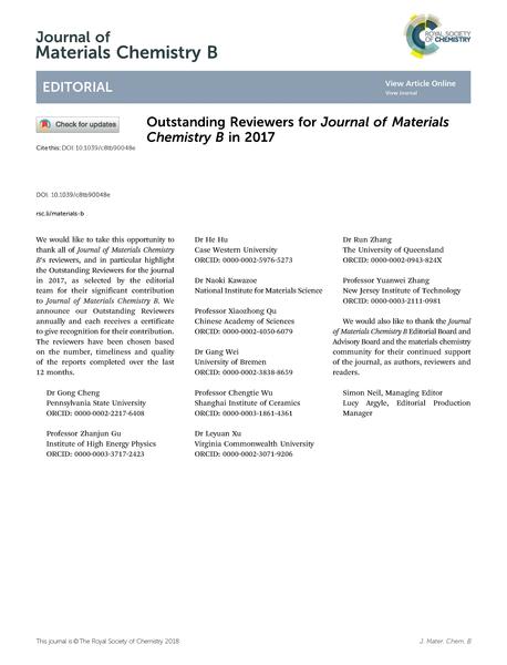 Outstanding Reviewers for Journal of Materials Chemistry B in 2017